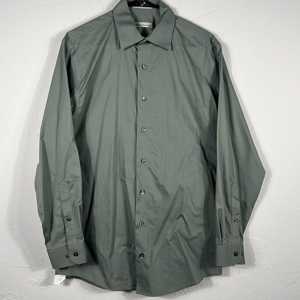 🔥 KENNETH COLE New York Cotton Gray‎ Pinstriped LS Button Shirt Sz M - PERFECT